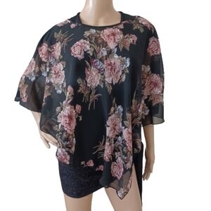 EMERY ROSE Semi Sheer Black Floral Shaw Poncho Wrap Shirt Top Blouse